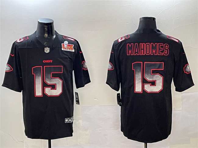 Men%27s Kansas City Chiefs #15 Patrick Mahomes Black 2025 Super Bowl LIX Patch Smoke Fashion Vapor Limited Stitched Jersey->ohio state buckeyes->NCAA Jersey